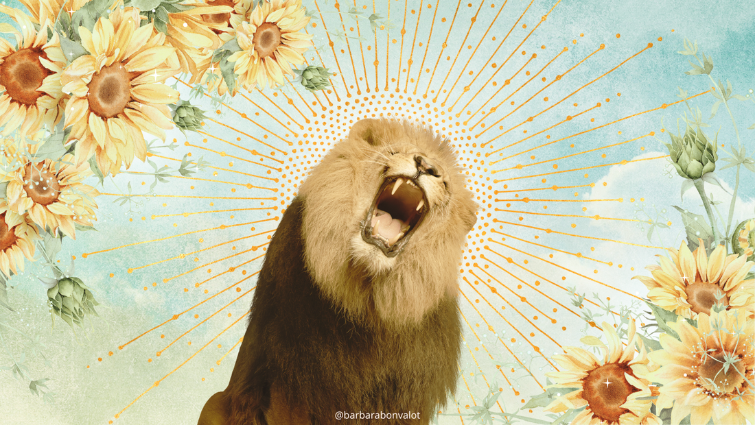 Ilustração em colagem digital. Ao centro está um leão a rugir. Atrás da cabeça do leão está um sol estilizado com raios de diferentes tamanhos em tons de dourado. Em cima à esquerda e em baixo à direita estão alguns girassóis, como que a emoldurar a imagem. O fundo é o céu e algumas nuvens em tons de azul-turquesa.